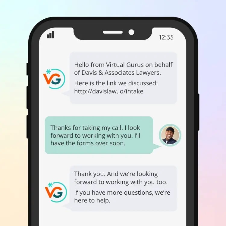 Image of a text message exchange with a client and VG Connect