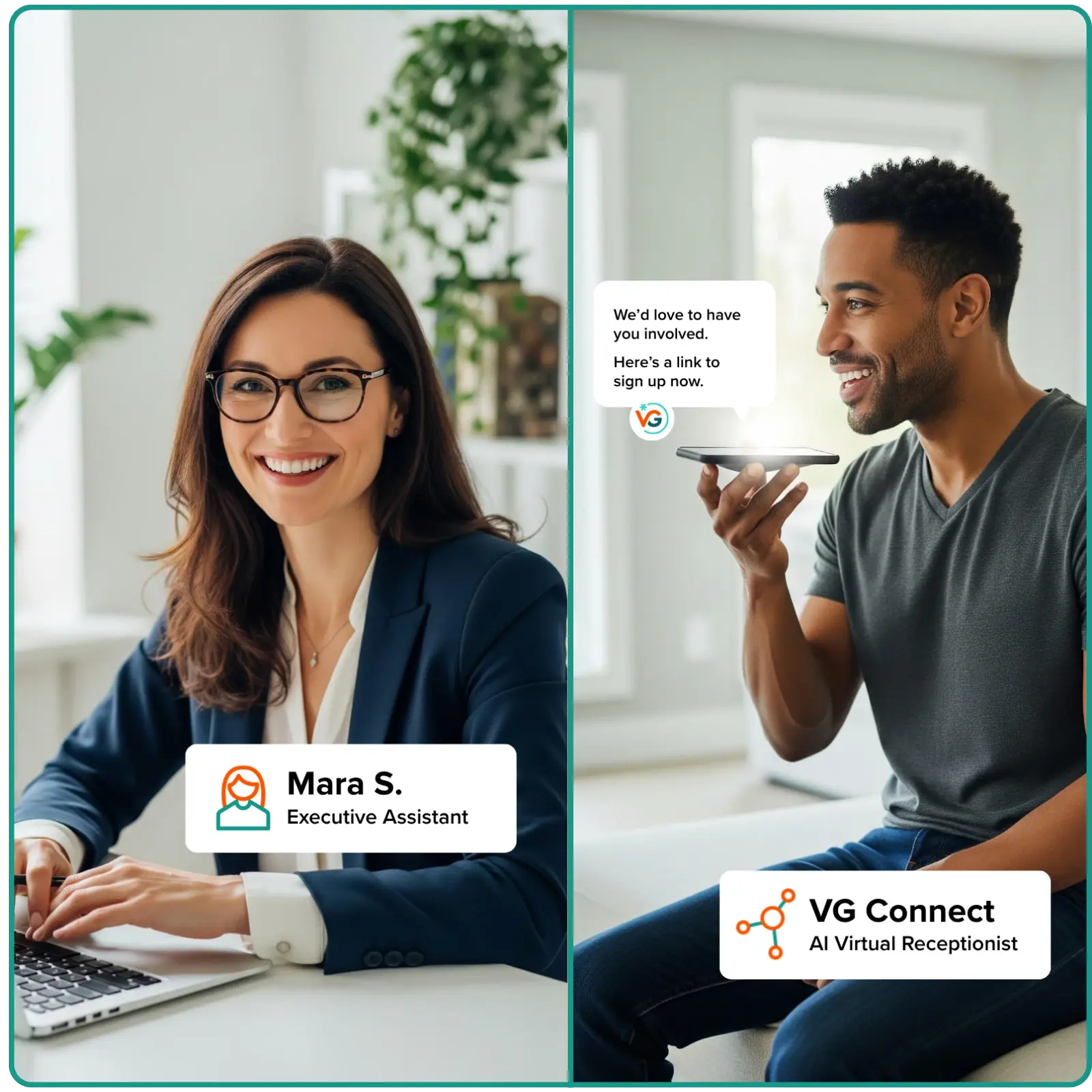 Split-screen image showing a smiling professional woman at her laptop on the left, and a man on the phone with AI-generated speech bubbles on the right. 